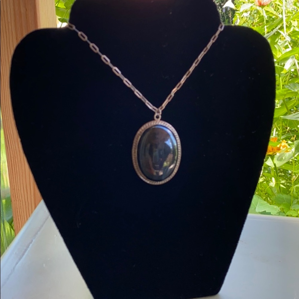 Sterling Silver antique Oval Black stone Pendant Necklace